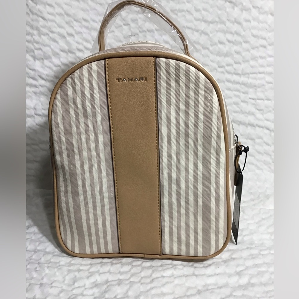 Tahari Striped Mini Backpack NWT, Tan Vegan Leather
